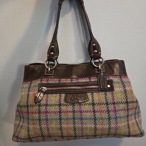 Coach Penelope Tattersall Plaid Wool Shoulder Purse Handbag With Brown Trim